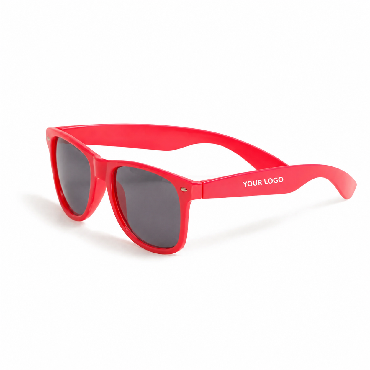 Red branded sunglasses with a "YOUR LOGO" print on the temple