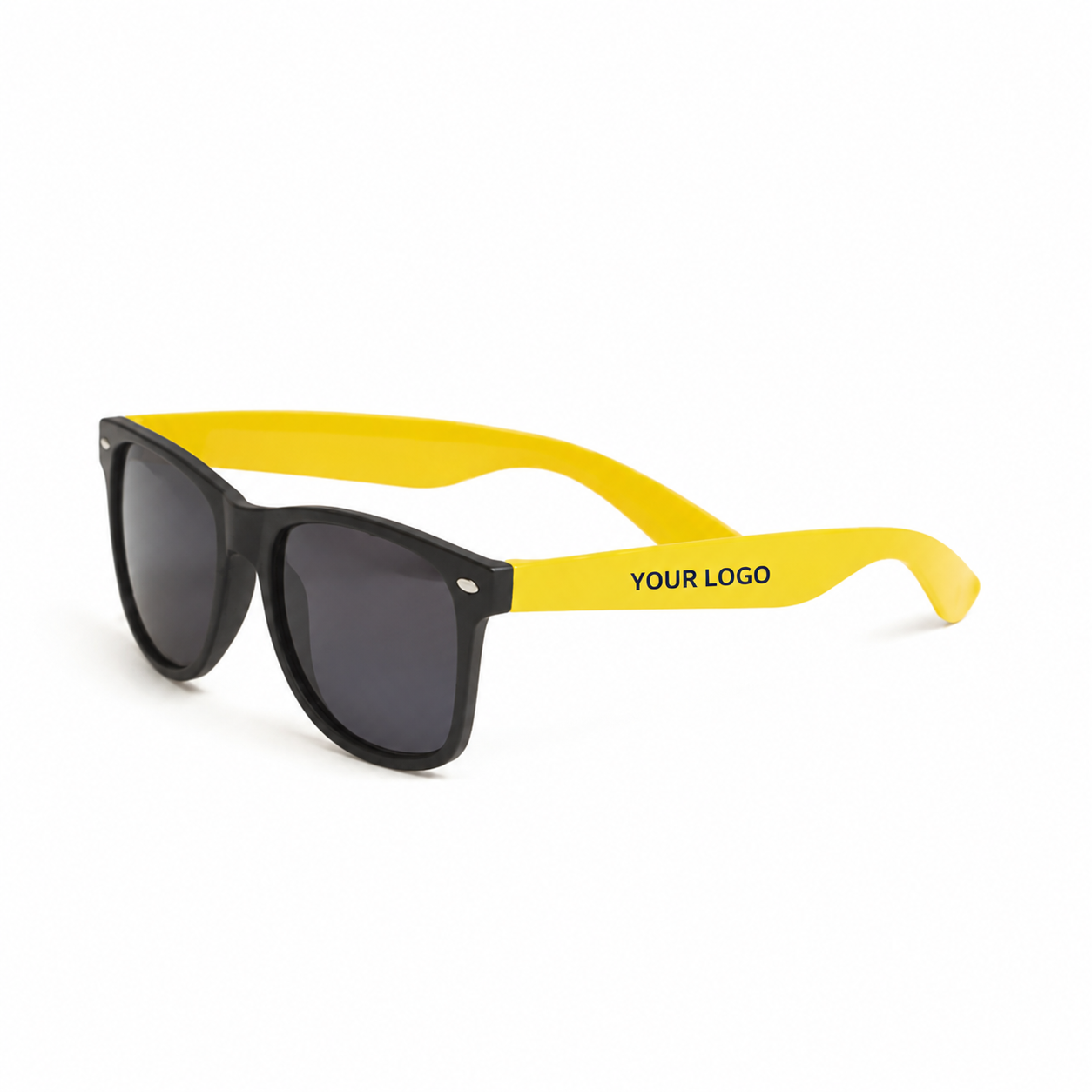 Yellow branded sunglasses with a black front frame and a "YOUR LOGO" print on the temple